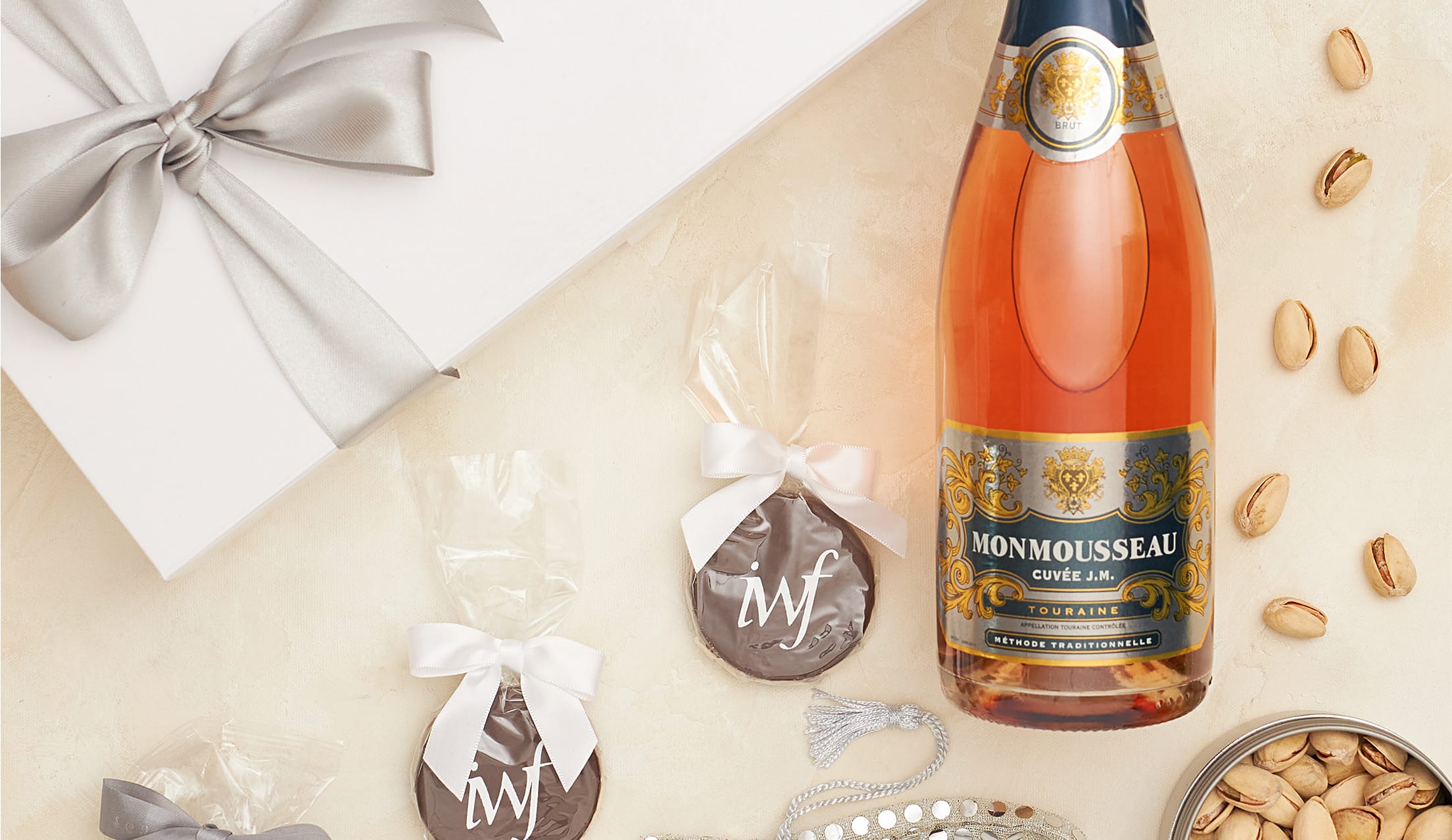 Gift box with custom chocolate, pistachios, and wine