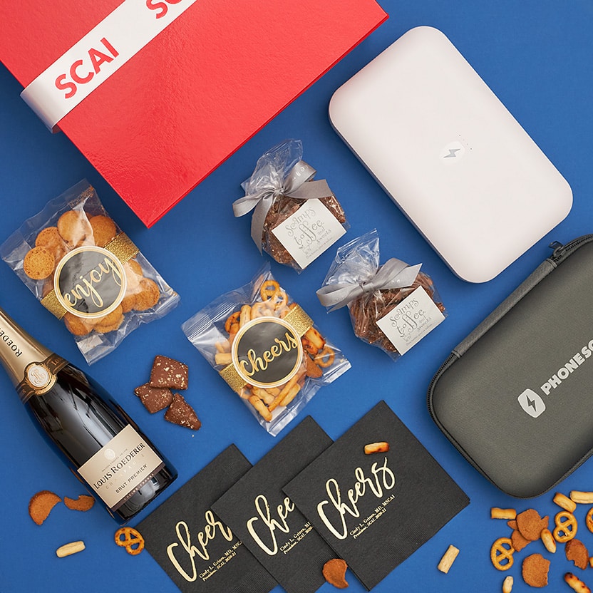 Food, drinks, PhoneSoap and custom cocktail napkins for SCAI gift box