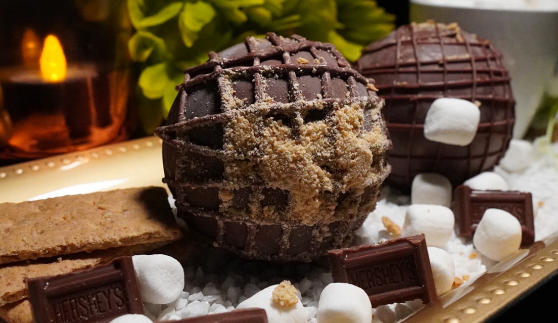 Large hot chocolate bombs filled with chocolate milk powder and marshmallows